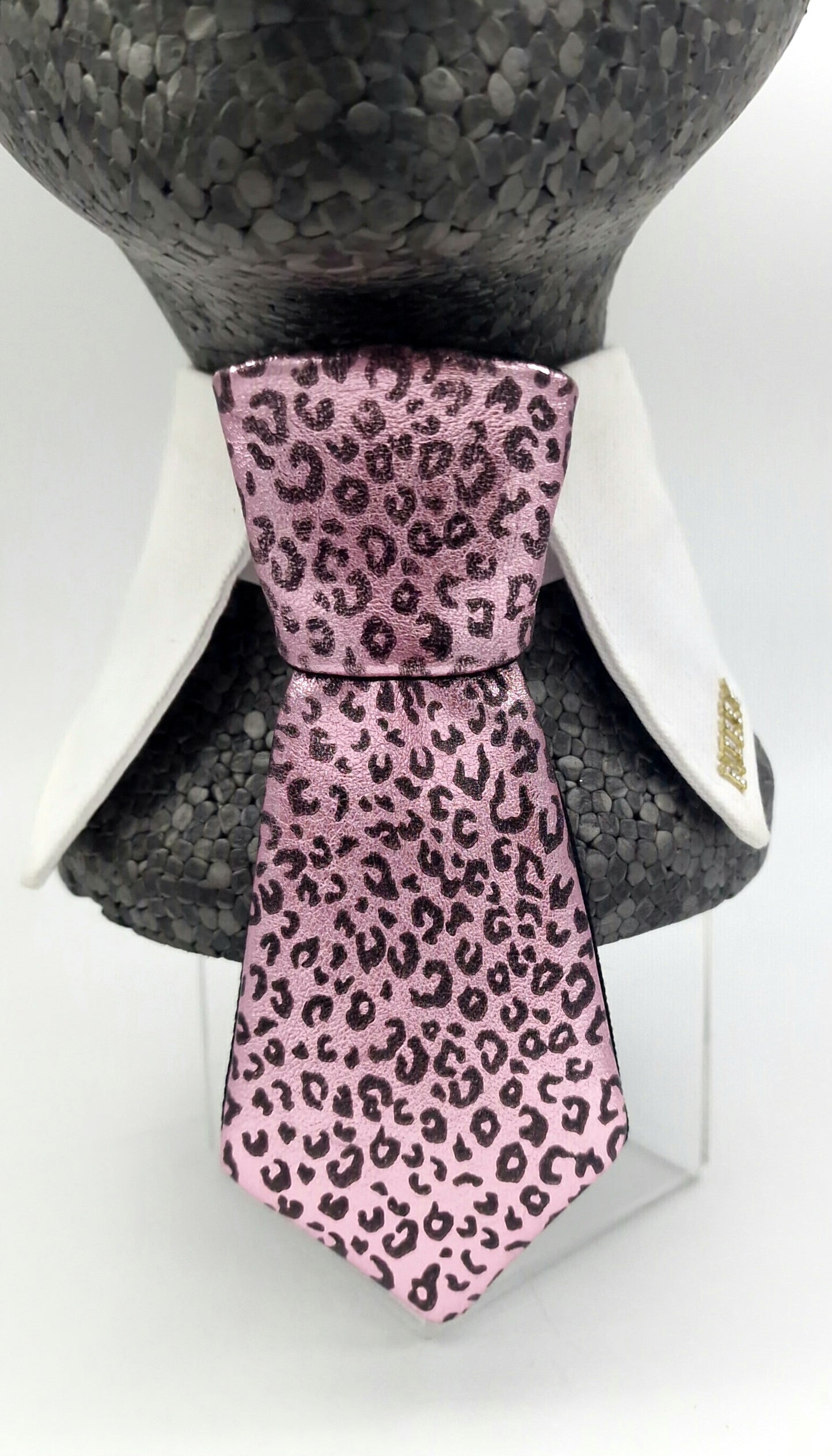 Cheetah lambskin collar and tie - dusky pink and turquoise