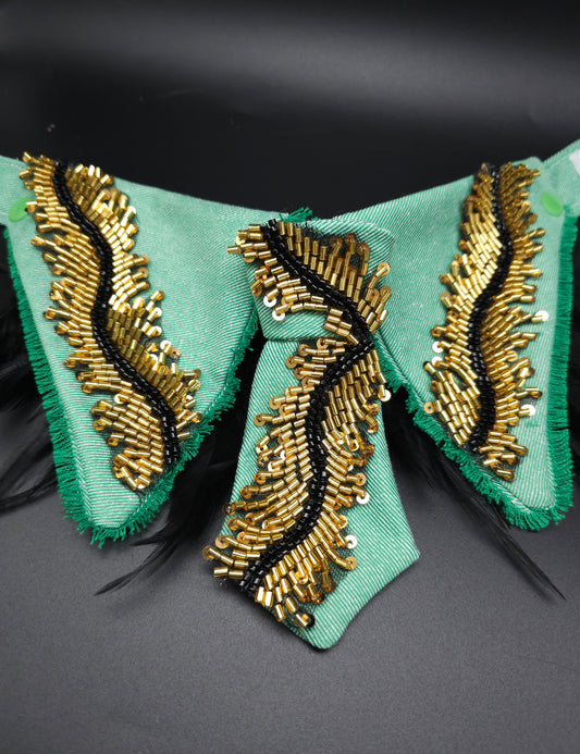 Green denim and gold stream collar and tie set- The interchangeable System